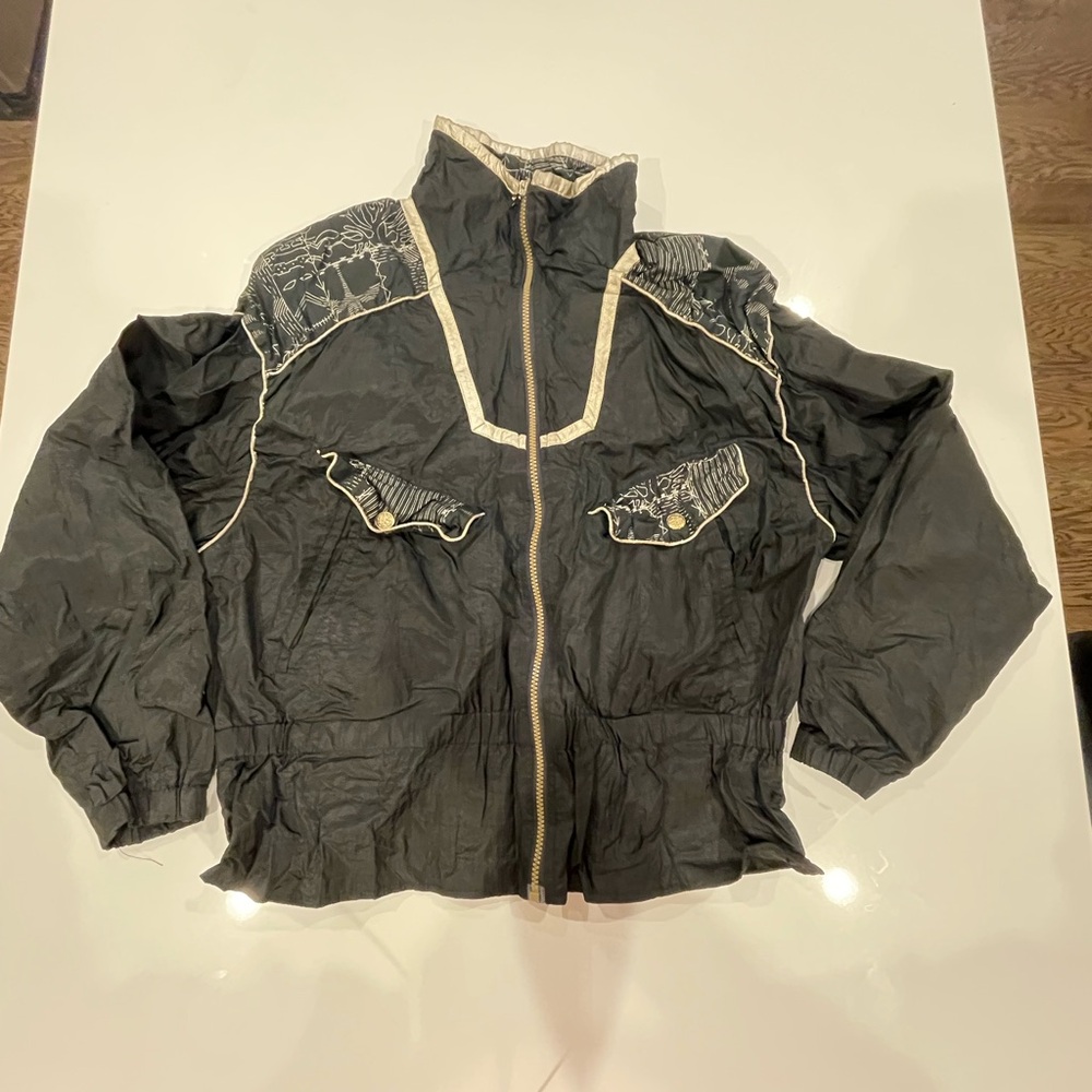 Vintage 80s/90s Black and Gold Athletic Jacket Windbreaker Women’s L Nylon